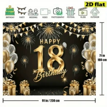 2D Flat Banner 18th Birthday Decoration Background, Black & Gold Glitter Fireworks Theme Birthday Backdrop, Perfect For Family Gatherings, Weddings, Coming Of Age Ceremonies, Welcome Decorations And Home Events, Also Suitable For Cake Table Decoration, Photo Backdrop Decoration, And An Ideal Gift For Parents And Party Planners - Multicolor - View 6