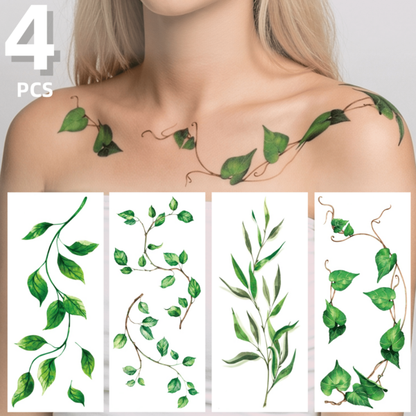 4pcs Green Leaf And Vine Pattern Temporary Tattoo Stickers, Suitable For Women, Music Festival, Cosplay, Party Holiday Decoration, Applicable To Arms, Chest, Back And Other Large Areas, Waterproof Fake Tattoo