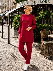 Butterfly Detail Long Tunic And Trousers Two-Piece Set – Comfortable Modest Casual Outfit - Red - View 3