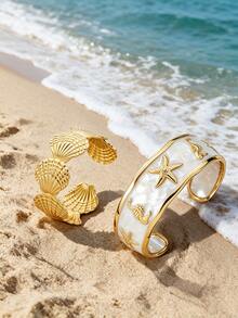 2pcs Beach Vacation Style Oil Drop Ocean Design Stainless Steel Women's Bracelets, Suitable For Vacation Wear/Holiday Gift - Yellow Gold - View 1
