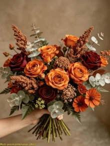 13Pcs Fall Artificial Flowers Bouquet, Autumn Tone Faux Roses, Daisies, And Eucalyptus Leaves, Luxury Fake Floral Arrangement For Home Decor, Wedding, Table Centerpiece, And Photography Props - Autumn Colors - View 1