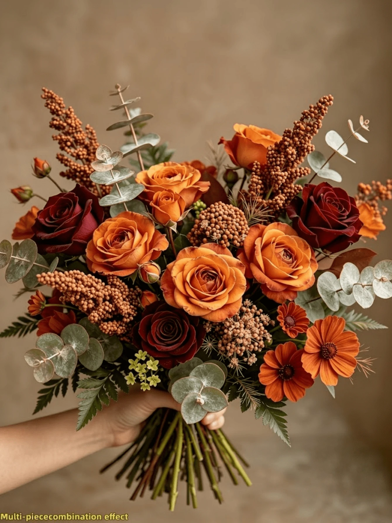 13Pcs Fall Artificial Flowers Bouquet, Autumn Tone Faux Roses, Daisies, And Eucalyptus Leaves, Luxury Fake Floral Arrangement For Home Decor, Wedding, Table Centerpiece, And Photography Props - Autumn Colors - View 1