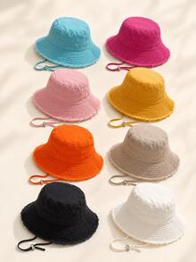 1pc Women's Wide Brim Bucket Hat, Polyester Material, Sun Protection & Windproof, Suitable For Beach Vacation & Outdoor, Frayed Edge Design, With Adjustable Chin Strap - Multicolor - View 5