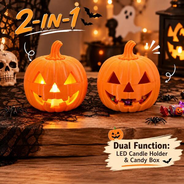 Halloween Pumpkin Lantern Desktop Decor, Dual-Use Candy Storage Box + LED Electronic Candle Holder, Creative Pumpkin Head Tabletop Decoration, Home Party Tabletop Ornament, Dining Table Fireplace Atmosphere Decor, Party Gift Collectible Ornament