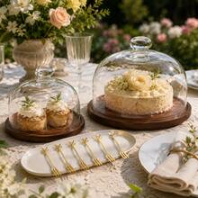 WGROOM Wooden Dessert Serving Tray Set With Clear Glass Dome Lid, Cake Display Stand, 3 Sizes Available, Includes 6 Stainless Steel Forks, Elegant Food Presentation Set - Multicolor - View 2