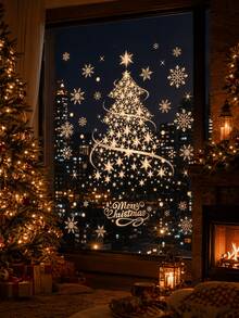 2sheets/Set Merry Christmas Oversized Silver Christmas Tree Pattern Window Cling Sticker, Reusable Glitter PVC Decal For Holiday Display, Suitable For Glass, Walls And Doors, Waterproof PVC, Cartoon Theme Glass Door Decor With Static Cling - A - View 6