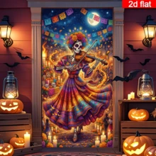 2D Flat Day Of The Dead Skeleton Violinist Door Curtain, Colorful Traditional Costume Skeleton Image With Marigolds, Candles And Colorful Flags Background, Mexican Day Of The Dead Style, Polyester Material Durable And Easy To Care For, No Power Required, Suitable For Day Of The Dead, Halloween Theme Decoration, Indoor And Outdoor Wall Hanging, Create Rich Festive Atmosphere - 1PC - View 5