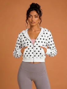 Never me Women's Sports Sweatshirt, Large Polka Dot All-Over Print, Zip-Up Short Sweatshirt, Double Pockets, Drawstring Hood, Casual Fitness Short Jacket - White - View 10
