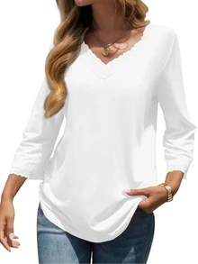 Women's White V-Neck Knit T-Shirt With Delicate Lace Trim, Short Sleeve Design, Regular Length, Basic Top, Slightly Stretchy - White - View 3