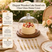 WGROOM Wooden Dessert Serving Tray Set With Clear Glass Dome Lid, Cake Display Stand, 3 Sizes Available, Includes 6 Stainless Steel Forks, Elegant Food Presentation Set - Multicolor - View 4