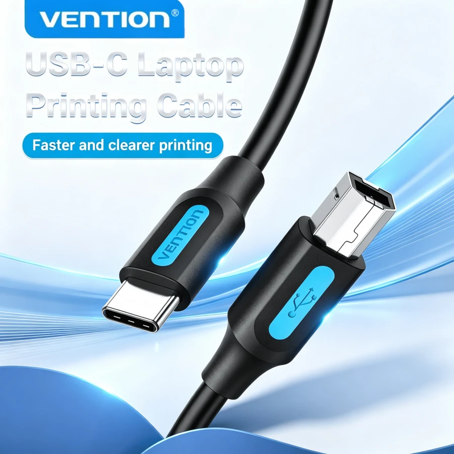 VENTION USB 2.0 Type-C 轉方形 USB-B 印表機傳輸線,穩定數據傳輸,相容於 MacBook Air/Pro、HP、Lexmark、Brother、MIDI 電子鋼琴及其他 Type-C 設備 - 黑色 - 查看 1
