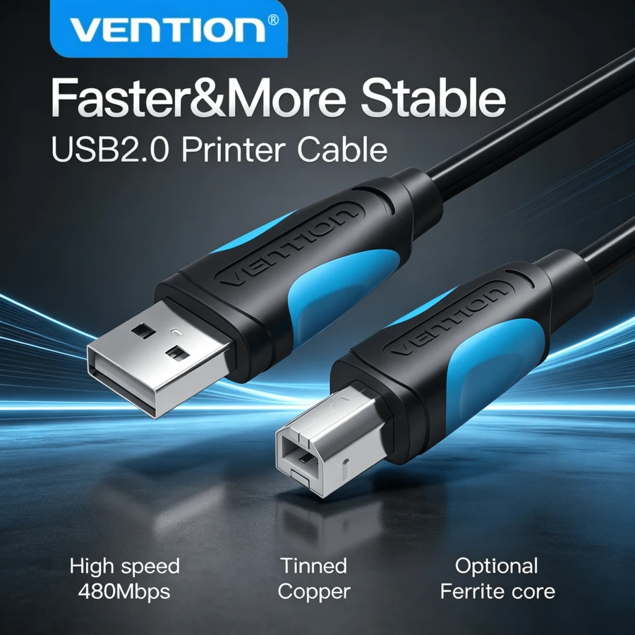 VENTION USB 2.0 印表機傳輸線 A公對B公 高速印表機掃描器連接線,相容 HP、Lexmark,黑色 - 黑色 - 查看 1