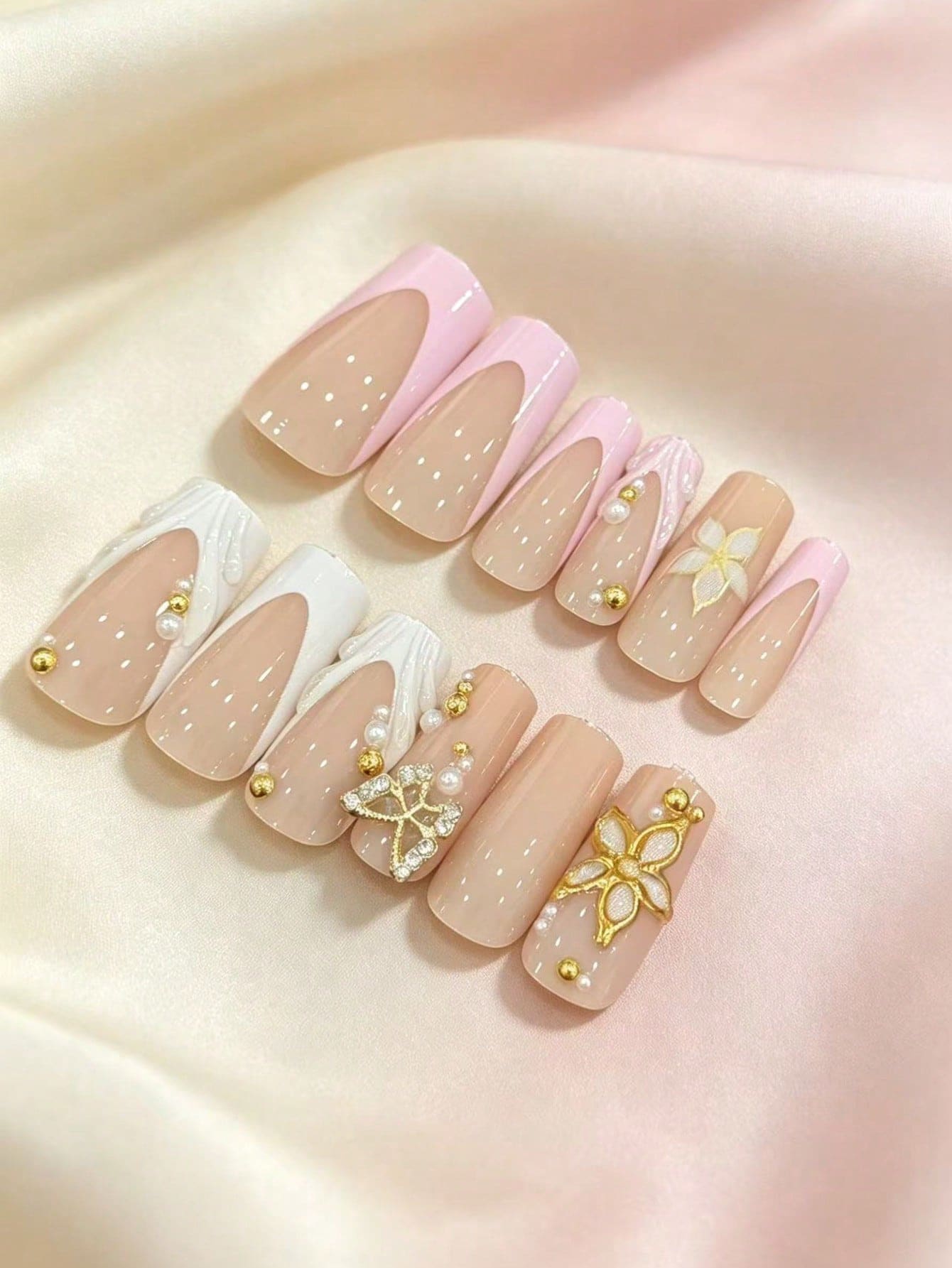 12pcs Long Square 3D Gel Press-On Nails, Pearl Decor, Includes Floral And French Styles, Perfect Fit For Fingertips - Multicolor - View 1