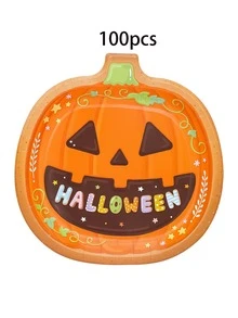 10pcs/20pcs/30pcs/50pcs/100pcs Cute Halloween Paper Plates, 9.4 Inch Pumpkin Shaped Dinner Plates, Colorful Happy Halloween Printed Paper Trays, Halloween Party Tableware, Halloween Trick Or Treat, Spooky Birthday Snack Serving Supplies - Orange Pumpkin - View 9