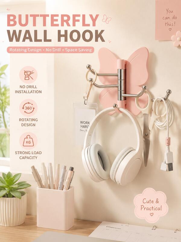 8pcs Rotating Butterfly Wall Hooks - Drill-Free Adhesive Hooks With Adjustable Wings, Multi-Functional Wall Storage, Suitable For Office, Home Workspace, Desktop Accessories And Organization