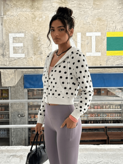 Never me Women's Sports Sweatshirt, Large Polka Dot All-Over Print, Zip-Up Short Sweatshirt, Double Pockets, Drawstring Hood, Casual Fitness Short Jacket