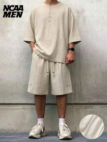 Men's Casual T-Shirt And Shorts Set, Short Sleeve, Loose Fit, Linen Style - Apricot - View 1