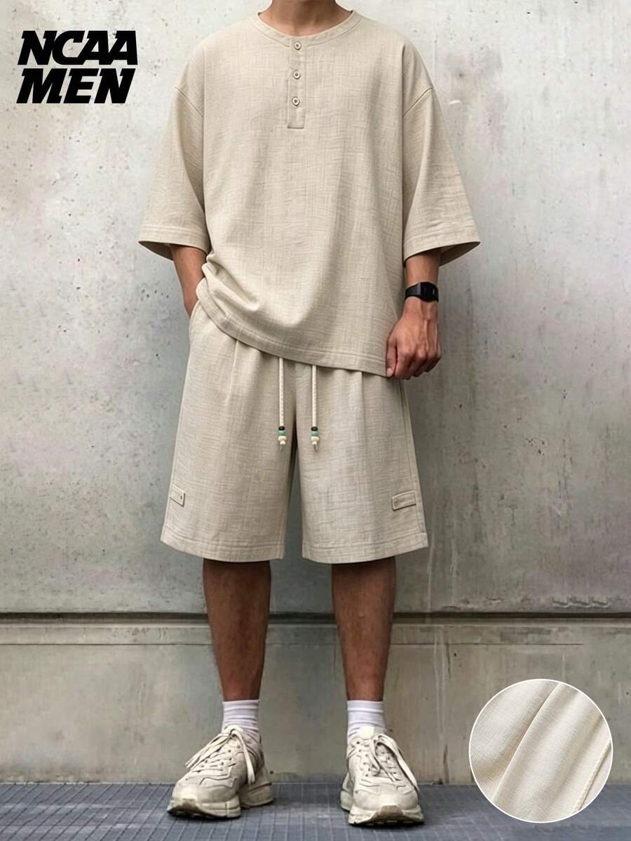 Men's Casual T-Shirt And Shorts Set, Short Sleeve, Loose Fit, Linen Style - Apricot - View 1