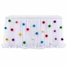 1pc Colorful Pom Pom White Tulle Table Skirt With Hook And Loop Fastener, Suitable For Birthday Party, Wedding, Baby Shower Decoration - White Pom-pom Mesh Table Skirt - View 2