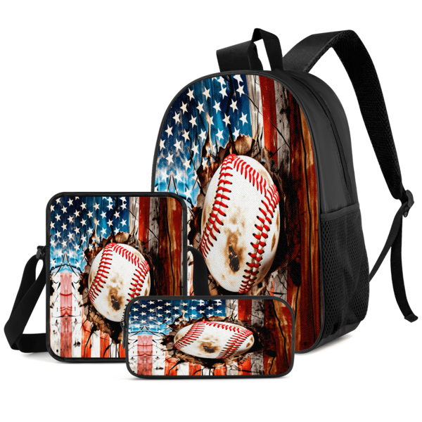 Conjunto de 3 piezas con estampado de elementos de béisbol para estudiantes: mochila escolar, bolso bandolera y estuche para lápices, mochila de gran capacidad con compartimentos para niños, bolsa de almacenamiento para útiles escolares, bolsa de almacenamiento para viajes, para la vuelta al colegio, clases, deportes al aire libre, temporada de vuelta al colegio