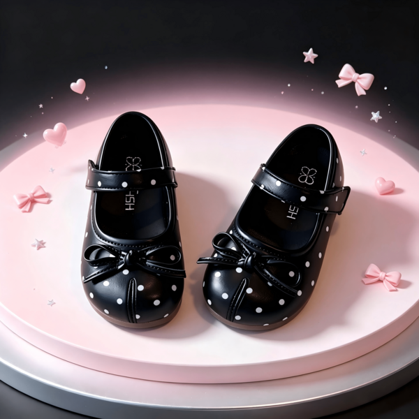 2026 Spring/Autumn Vintage Polka Dot Girls' Mary Jane Leather Shoes, Sweet Bow, Hook And Loop Soft Sole