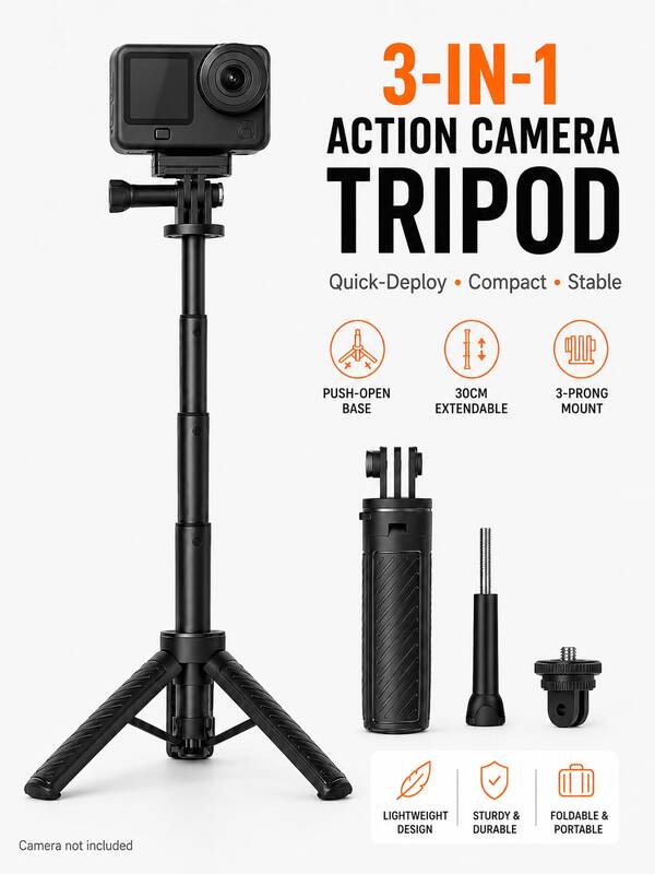 Trípode Selfie Stick 3 en 1 de Despliegue Rápido, Compatible con Osmo Action, Mango Extensible de 30 cm para Cámara de Acción con Base Desplegable y Adaptador de 1/4