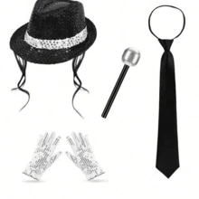 1/2/3/4/5/6/7/8pcs Adult Disco Dance Costume And Accessories Set, Popular Star Theme Party Costume, Includes Glitter Hooded Hat, Silver Gloves, Bow Tie, 80s Popular Star Party Costume, Disco Party Accessories, Halloween Costume - Multicolor - View 5