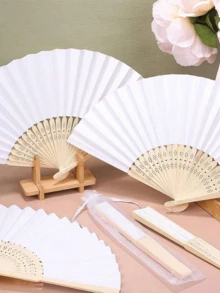 1/20/30/40/50 Pcs Vintage Handheld Folding Paper Fan, Wedding Bridal Favor Folding Fan, Portable Bamboo Fan, DIY White Paper Fan With Folding Paper Sleeve - Summer Accessory, Keeps You Cool And Stylish, Ideal For Parties And Events - Multicolor - View 2