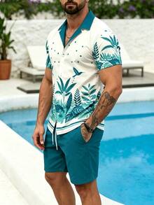 Men's Beach Vacation Casual Blue Green Leaf & Bird Print Shirt And Shorts Set - Multicolor - View 5