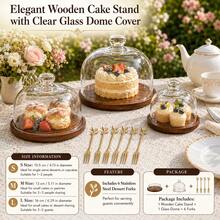 WGROOM Wooden Dessert Serving Tray Set With Clear Glass Dome Lid, Cake Display Stand, 3 Sizes Available, Includes 6 Stainless Steel Forks, Elegant Food Presentation Set - Multicolor - View 7