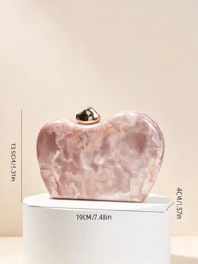 1pc Pink Faux Marble Box Clutch Bag With Asymmetrical Water Drop Gold Buckle, Detachable Chain Crossbody Small Purse For Wedding Toast And Evening Dress - Coral Pink - View 3