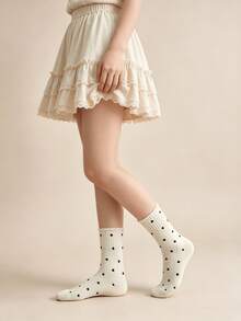 1/6 Pairs Minimalist Solid Color Small Polka Dot Sweet Ruffle Edge Versatile Comfortable Mid-Calf Socks - Multicolor - View 10
