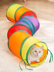 1pc Rainbow Foldable Cat Play Tunnel, Collapsible Pet Crinkle Tube Interactive Toy, Suitable For Kittens, Puppies, Rabbits, Ferrets, Indoor Exercise Hiding Training Play House With Handle - Multicolor - View 3