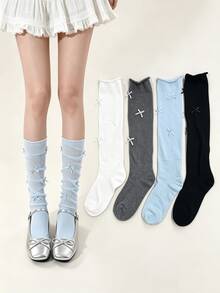 1/4 Pairs Summer Early Autumn Soft Versatile Sweet Small Bow Slouch Knee-High Socks - Multicolor - View 1