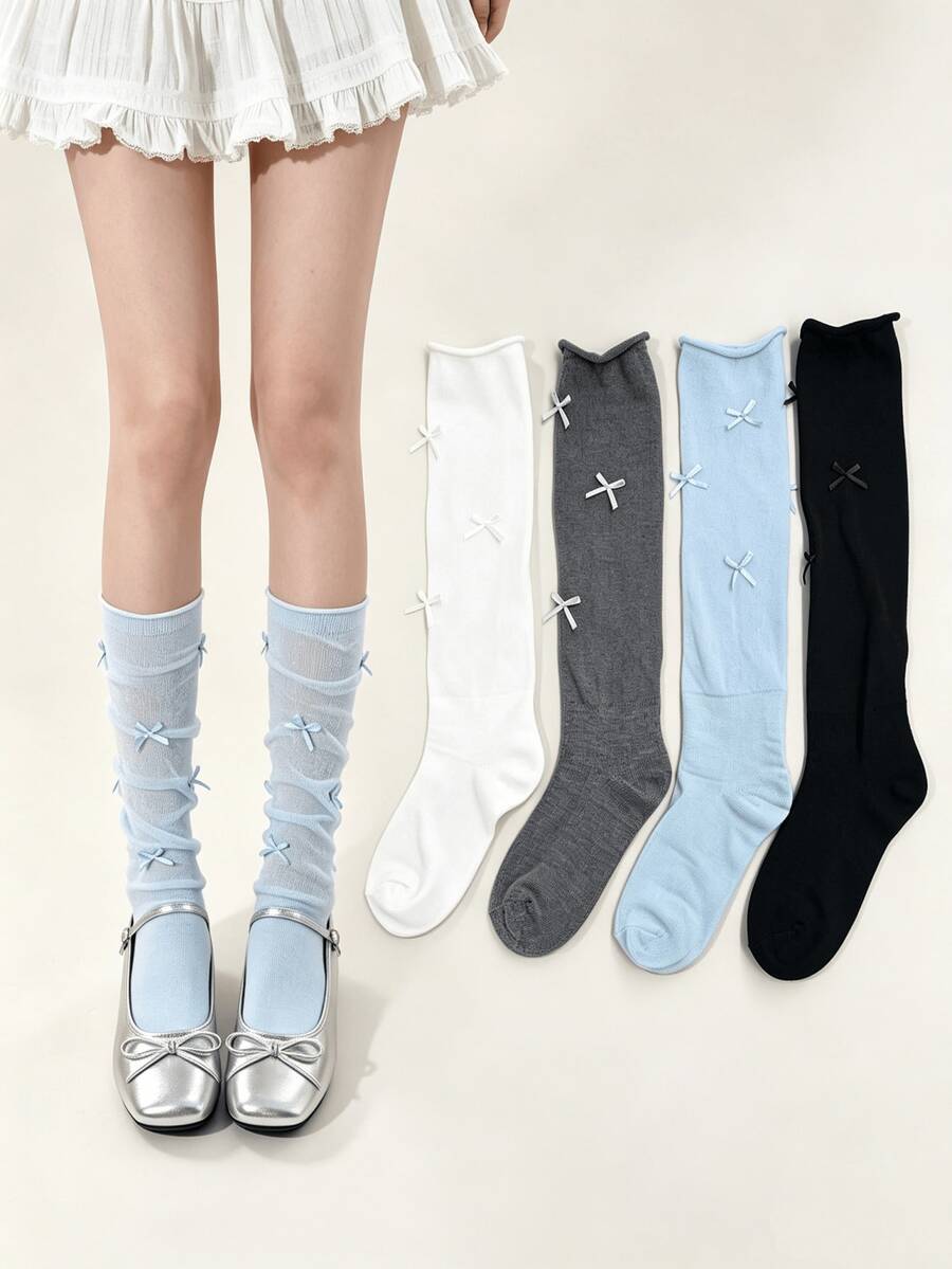 1/4 Pairs Summer Early Autumn Soft Versatile Sweet Small Bow Slouch Knee-High Socks - Multicolor - View 1