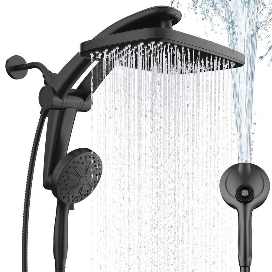 Dock-Free Dual Rain Shower Head Combo, 12" High Pressure Rain Shower With 8 Spray Modes + Power Jet Handheld, Magnetic Dock, Adjustable Swing Arm, 59" Hose, 3 Easy Steps Installation Luxury Bathroom Shower Heads - Black - View 1