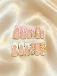 12pcs Long Square 3D Gel Press-On Nails, Pearl Decor, Includes Floral And French Styles, Perfect Fit For Fingertips - Multicolor - View 3