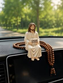 1pc Resin Jesus Figurine, Handmade Sitting Jesus Statue Decor With "I Am Always With You" Sign, Suitable For Car Dashboard, Home And Office Desk, Unique Religious Gift - A - View 1