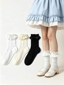 1/3 Pairs Summer Early Autumn French Style Satin Ruffle Sweet Versatile Mid-Calf Socks - Multicolor - View 1
