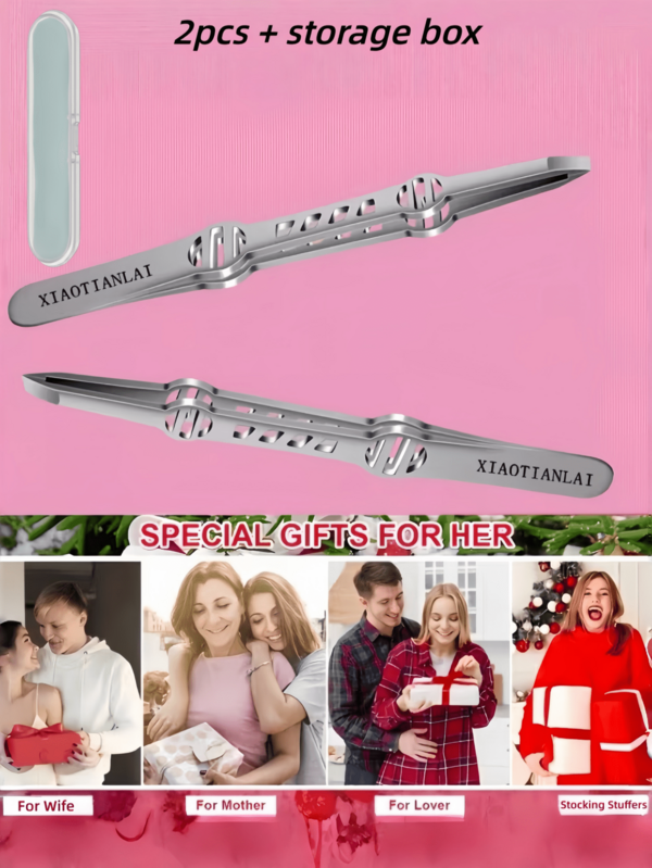 2pcs Premium Stainless Steel Tweezers With Storage Box, High Precision Hair Removal Tweezers, Eyebrow Tweezers, Plucking Tweezers, Non-Slip Grip Durable Tweezers, For Removing Facial Hair, Eyebrows And Fine Body Hair, Essential Beauty Tool For Home And Professional Beauty Salon Use