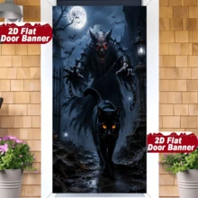 2D Flag - Halloween Theme Banner Background, Featuring A Dark Night Demon, Black Cat, Full Moon, And Bat, Along With An Ancient Castle Scene. Made Of Polyester Material, No Power Supply Required. - View 3