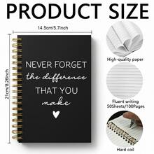 1pc 5.5x8.3 Inch Spiral Notebook, "Never Forget The Difference You Made" Inspirational Journal, Minimalist Black Cover Notebook, Thank You Gift For Teacher/Colleague/Boss, Retirement Farewell Keepsake - Black and White - View 2