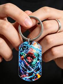 1 pieza Llavero con etiqueta impresa a color de Demon Slayer de anime, anillo de metal de acero inoxidable, colgante para bolso, regalo para fans - Multicolor - Ver 2