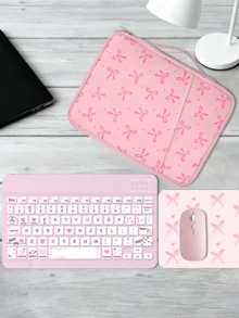 Cute Bluetooth Keyboard + Bow Tablet Protective Case + Mouse + Mouse Pad,Portable Wireless Keyboard (150mAh) Mouse Set,Compatible With Samsung Tablets,Apple ,Compatible With Android Compatible With IOS Compatible With Windows.(Pink) - Pink - View 3