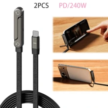 2入 90度 PD Type-C 快充數據線附手機支架，相容 iPhone 17/16/15 及所有 Type-C 手機，240W 快充 - 黑色*2 - 查看 1