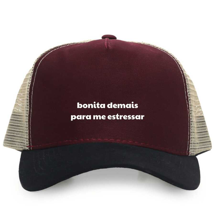 Boné Trucker Rede Telinha Unissex Estampado Frase "Bonita Demais Para Me Estressar" Engraçado Chapéu Casual Básico Ajustável Sol Férias - bordô - Visão 1