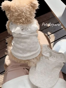 1pc Autumn Pet Vest Dog Teddy Hollow Out Cat Pet Clothes Summer Breathable Thin Style, Elegant Lace Ruffle Collar With Bow Decor, Soft Breathable Sleeveless Dog Vest, Daily Cute Puppy Kitten Outfit, Suitable For Small And Medium Pets Summer Wear - Light Grey - View 6