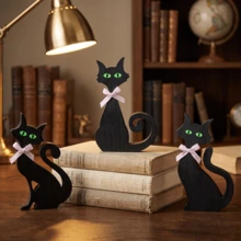 1pc Wooden Black Cat Tabletop Sign Decor, With Pink Bow And Green Cat Eyes Glow In Dark Sticker Decoration, Autumn Halloween Household Desk Shelf Party Supplies. - Multicolor - View 2