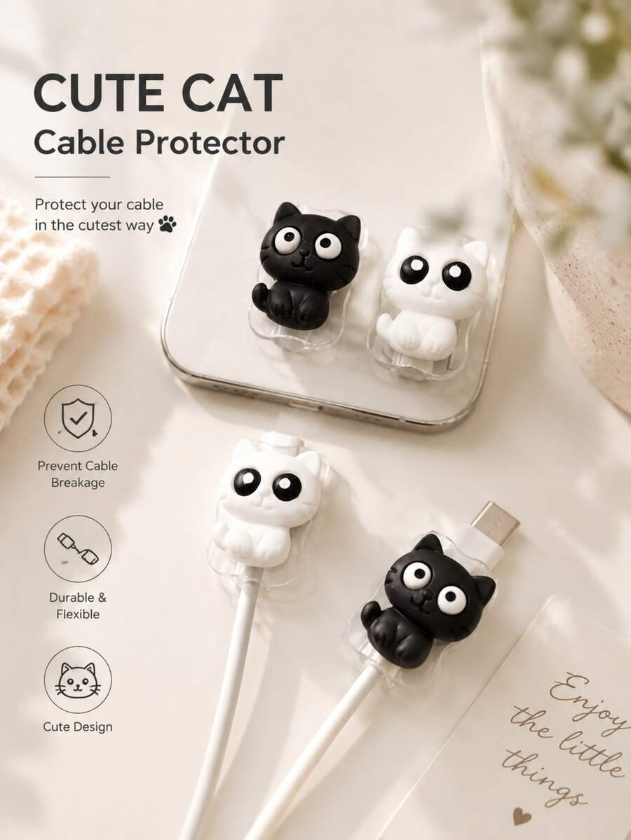 2pcs Black/White Big Eye Cat Cable Protector, High Transparency Shell Anti-Yellowing Anti-Scratch, Transparent Soft Silicone Anti-Bend Anti-Break Cable End, Suitable For Commuting Dorm Home Charging, Watching Movies While Charging Daily Use, Compatible With Apple 18W/20W PD Fast Charging, Simple Cute Digital Gift For Best Friend - Multicolor - View 1