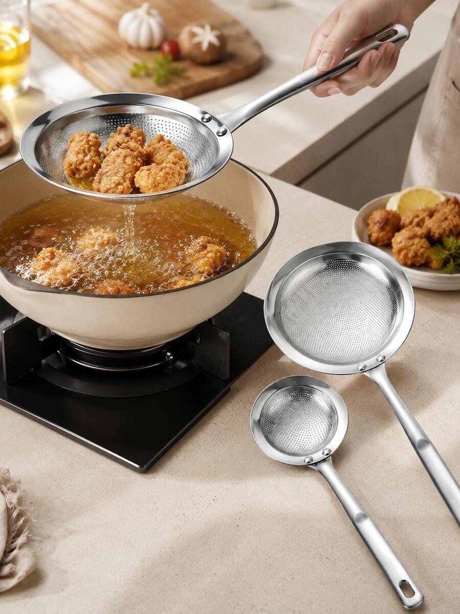Stainless Steel Fine Mesh Oil Strainer Spoon With Handle, Kitchen Food Oil/Residue Strainer, Home Life New Product, Cooking Utensil Kitchen Essential - Multicolor - View 1
